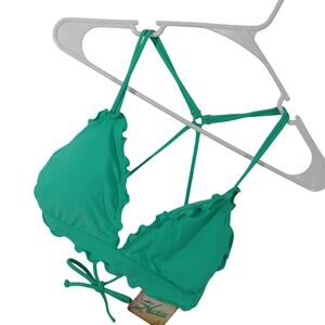 NWT@$65! HOBIE! AQUA BLUE GREEN RUFFLED EDGE TIE NECK BATHING/SWIM SUIT TOP! S